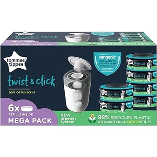 Tommee Tippee Twist and Click Advanced Nappy Bin Refill Cassettes, Sustainably Sourced Antibacterial GREENFILM, Pack of 6 : Amazon.com.au: Baby