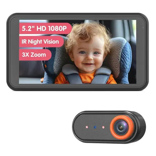 BM2A Baby Car Camera, Night Vision & 5.2" 1080P Display for Rear-Facing Car Seats, Easy No-Damage Install, Patented Anti-Shake Mount – Ideal for Parents and Pet Owners