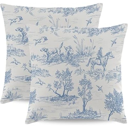 Blue and White Toile Pillow Covers 16x16 Inch Set of 2 Vintage French Country Throw Pillow Cover Rustic Linen Cushion Cover Decor for Home Sofa Bedroom Outdoor Indoor