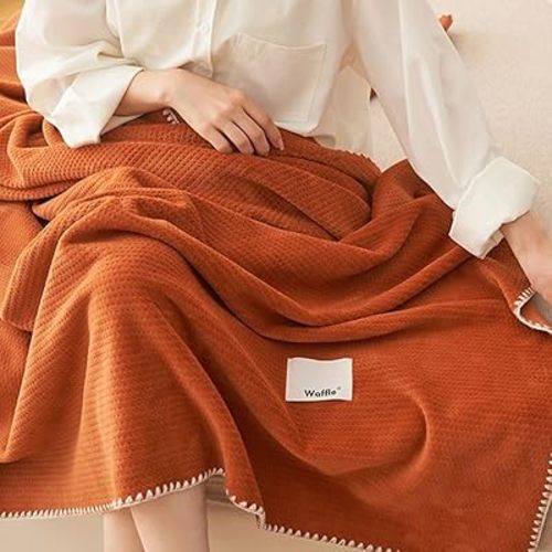 Luxury Super Soft Cozy Milk Flannel Velvet Waffle Weave Blanket, Pet Cats Feeling, Nordic Modern Aetec Style, Lightweight Warm Plush Throw Blanket Couch Bed Sofa Chair, Burnt Orange 50"x60"