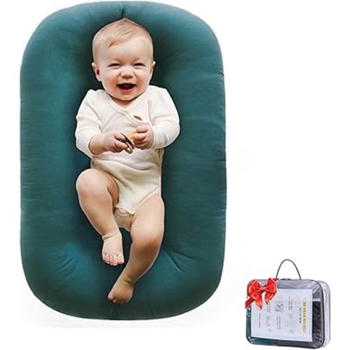 Baby Lounger for Newborn (0-24 Months), 100% Breathable Cotton Baby Nest, 3-in-1 Infant Lounger & Play Mat & Diaper Changing Pad, Portable for Home & Travel(Peacock Green)
