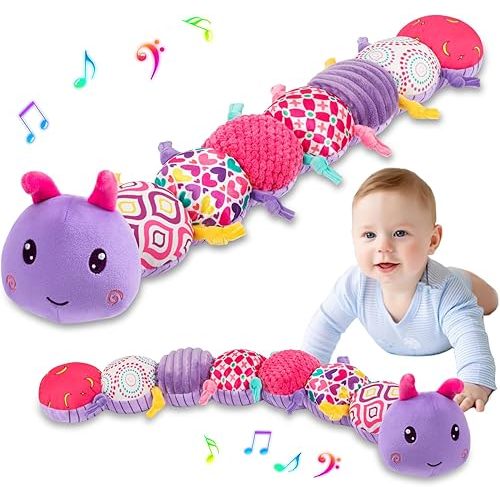 Baby Stuffed Animal Toys for 0-6 6-12 Months, Baby Musical Caterpillar Tummy Time Toys for Babies 3 6 9 12 18 Months, Newborn Infant Sensory Toys Gifts for 1 2 Year Old Boys Girls
