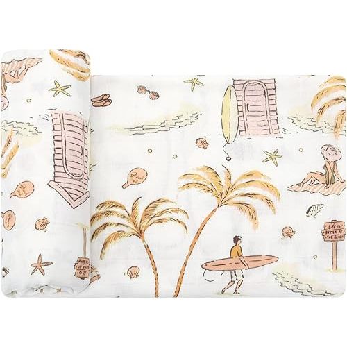 LifeTree Baby Swaddle Blanket, 70% Viscose from Bamboo and 30% Cotton Muslin Swaddles Blankets Boys Girls, Swaddling Blanket Neutral for Newborn, Super Soft Large 47" x 47", Yellow Sand Beach