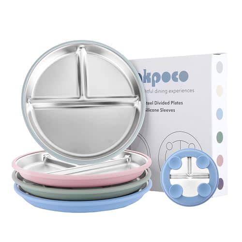 Bakpoco Stainless Steel Suction Plates for Toddlers, 9" Divided Kids Baby Plates with Removable Silicone Suction, Non Toxic Non Slip Portion Control Snack Dishes 4 Packs, Blue Green Gray Pink