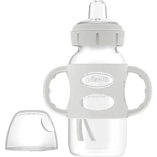 Dr. Brown’s Milestones Wide-Neck Sippy Bottle with 100% Silicone Handles, Easy-Grip Bottle with Soft Sippy Spout, 9oz/270mL, BPA Free, Gray, 6m+