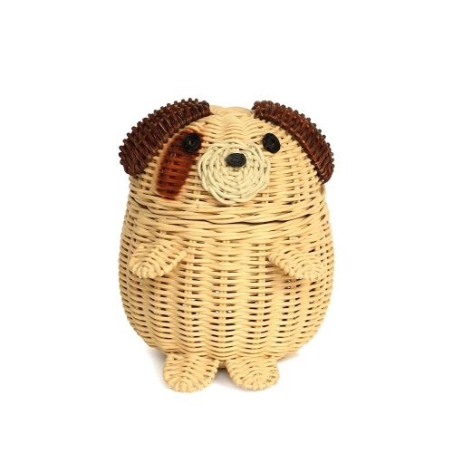 Dog Rattan Storage Basket With Lid Decorative Home Decor Hand Woven Shelf Organizer Cute Handmade Handcrafted Nursery Gift Art Animal Decoration Artwork Wicker Puppy (Small)