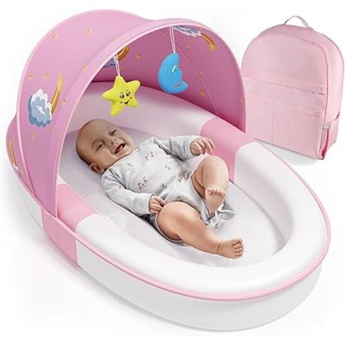 Portable Baby Lounger for Newborn Nest: Lightweight Soft Cotton Travel Bassinet for 0-12 Months Toddler - 2 in 1 Canopy and Mensh Cover Co-Sleeping for Infants Travel Essentials (Pink)