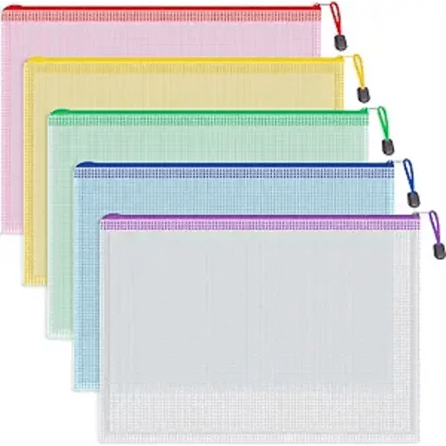 HEYPLACE 5PCS Zipper File Bags, A4 Mesh Zipper Pouch Poly Zip Envelopes Waterproof Document Folder Puzzle Bags for Travel Office School Cosmetics Board Games Storage