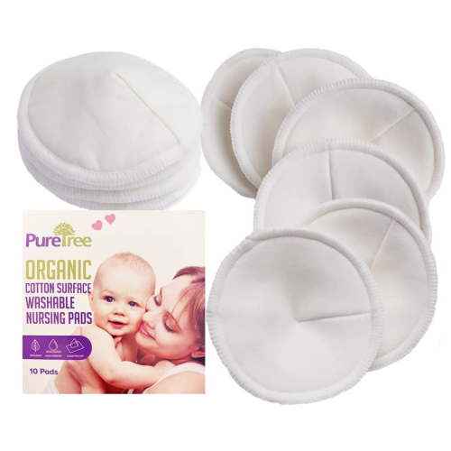 Organic Cotton Washable Nursing Pads - PureTree Reusable Breastfeeding Pads 4.5" Diameter (Pack of 10)
