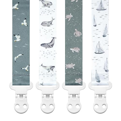 Stadela Baby Pacifier Clip Holder - Girl or Boy Unisex 4 Pack Gift Set – Nautical Blue Whales Boats Turtles (Gone Sailing)