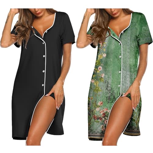 Ekouaer Nightgowns for Women 2 Pack Button Down Sleepshirt Short Sleeve Nightshirt Soft Sleepwear V Neck Pajama Dress
