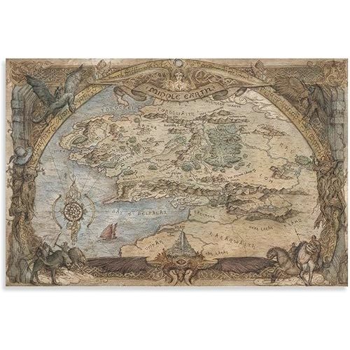 LAKHDSFL Map of Middle Earth, Christmas Gifts, The Hobbit, Fantasy Map, Gift For Him, Christmas Decor, Middle Earth Canvas Poster Wall Art Decor Living Room Bedroom Decoration 20x30