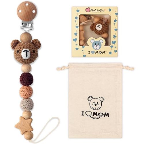 Pacifier Clip, Cute Animal Pacifier Holder Clip for Boys and Girls, Most Pacifiers, Baby Teethers, Baby Shower and Baby Essentials(Bear)