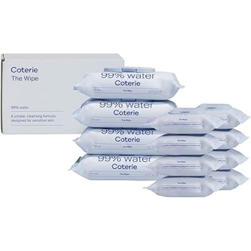 Coterie Baby Wipes for Sensitive Skin, Plant-Based & Plastic-Free Fibers, 99% Water, Hypoallergenic, pH Balanced, Unscented, Clean and Gentle Baby Essentials, 4 Standard Packs and 8 Travel Size Packs