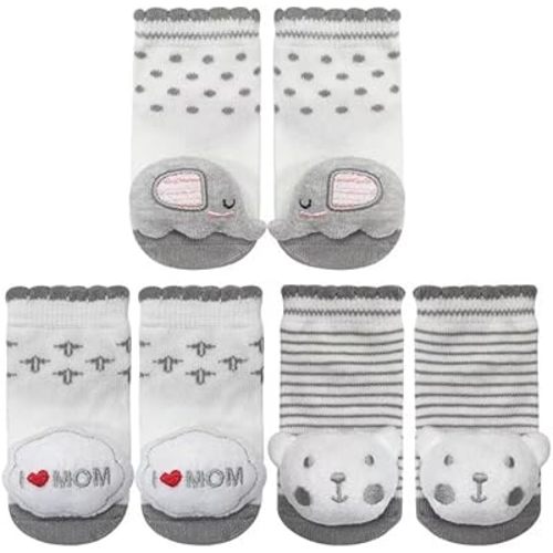 PUPPET Fluffy Baby Socks Set with Animal Heads and Rattle Function - Sensory Development for 0-6 Months - Elephant, Bear I Love Mom