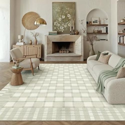 Green 6x9 Area Rug for Living Room Machine Washable Large Checkered Rugs Non-Slip Stain Resistant Low Pile Boho Accent Indoor Office Throw Carpet for Bedroom Playroom Nursery