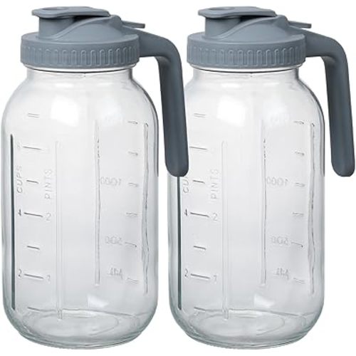 Novelinks 64OZ Glass Pitcher with Lid, Wide Mouth Mason Jar Pitcher, Leak-proof Water Jug for Juice, Milk,iced Coffee Lemonade Tea,2 Pack