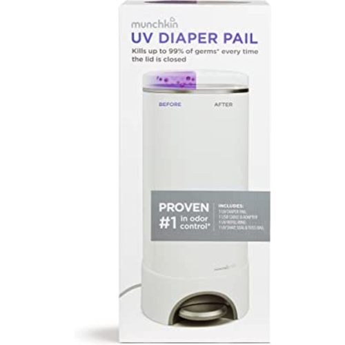 Munchkin® UV Diaper Pail #1 in Odor Control, LED UV Lights Kills 99% of Germs and Odor Causing Bacteria on Lid Surface, Includes 1 UV Refill Ring and 1 UV Snap, Seal & Toss Bag