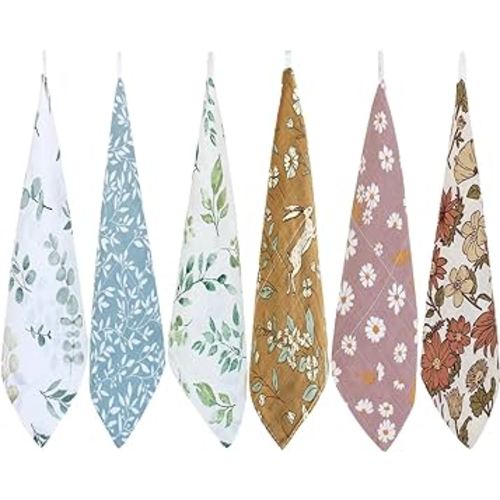 LifeTree Baby Muslin Washcloths, Soft 6 Pack Baby Wash Cloths Unisex for Boys Girls, 70% Viscose from Bamboo and 30% Cotton Bath Face Towels, Bibs for Newborn with Sensitive Skin, 10.2x10.2 inches