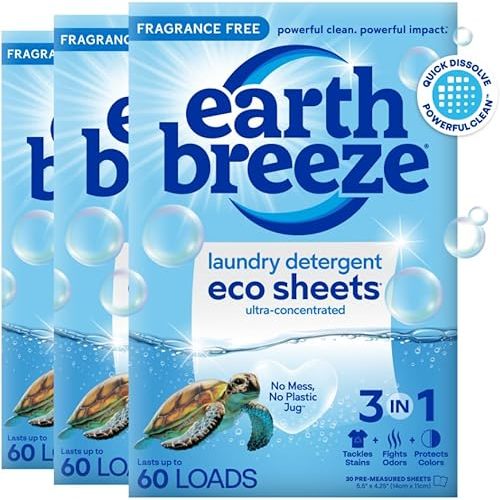 Earth Breeze Laundry Detergent Sheets - 90 Detergent Sheets (3 Pack) - 30 Sheets Per Pack - 180 Loads - Concentrated Liquidless Laundry Soap - No Plastic Jug - Fragrance-Free