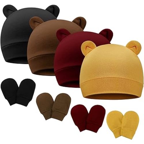 BQUBO Newborn Baby Bear Ears Hats and Mittens Sets Preemie Cotton Caps Baby Boy Girl Infant Hospital Beanie