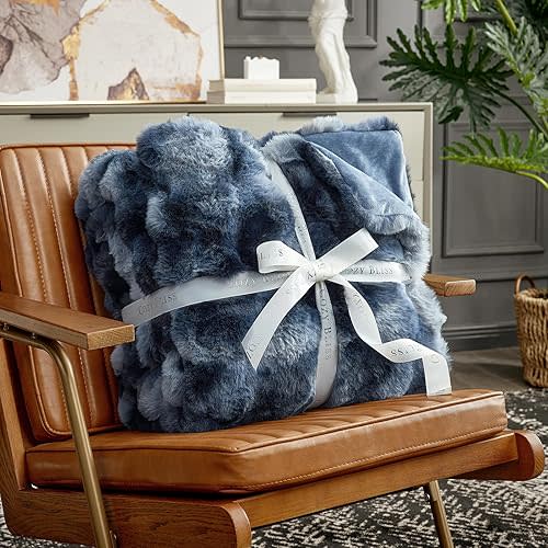 Cozy Bliss Faux Fur Throw Blanket for Couch, Fuzzy Soft Plush Thick Bubble Blanket for Sofa Bedroom Living Room, 50 * 60 Inches Tie-dye Blue