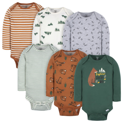 Gerber Baby Gender Neutral Long Sleeve Onesies Bodysuits, 6-Pack, Sizes Newborn - 12 Months