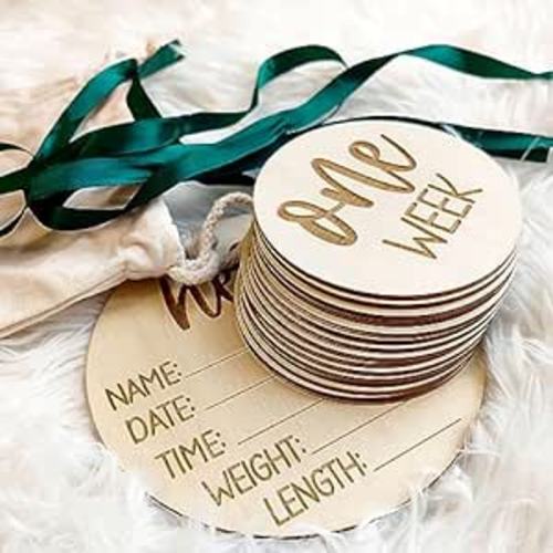 Wooden Milestone Cards and Discs 16pc Set for Baby Photos and First Year Milestones - New Parents and Baby Showers with "Hello World" Sign and Monthly Cards from 1-12 Months.