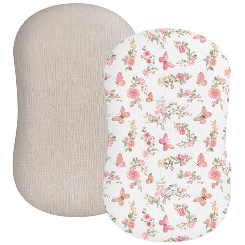 Muslin Baby Lounger Cover 2 Pack, Soft Breathable Newborn Lounger Pillow Cover for Boys Girls Infant (Butterfly & Beige)