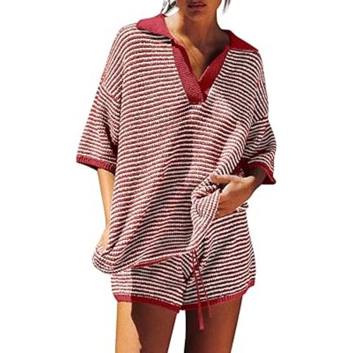 Tankaneo Womens Sweater Set 2 Piece Outfits Oversized 3/4 Sleeve V Neck Knit Tops High Waisted Shorts Lounge Sets