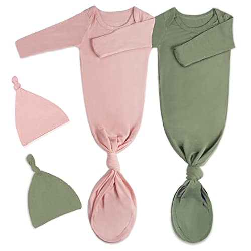 2Pk Newborn Baby Knotted Gown, Super Soft Silky Infant Long Sleeve Sleeper for Baby Sleeping with Hat or Headband (2 Packs)