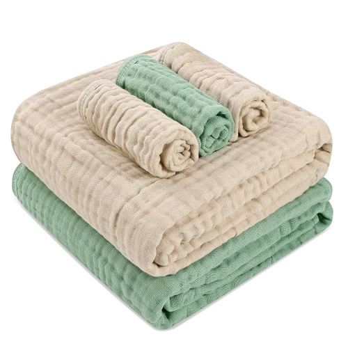 Muslin Baby Bath Set - 2 Large Gauze Towels & 3 Washcloths, 6-Layer 100% Muslin Cotton for Sensitive Skin. Multi-Use as Towel & Blanket. Perfect for Baby Showers & New Moms (Warm Series)