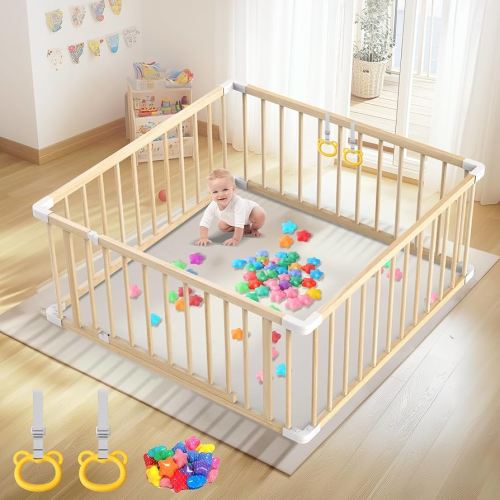 Baby Wooden Playpen for Toddler and Babies - 43 x 43 x 24 Inch Easy to Assemble Baby Playpen with 2 Handles & 30 Ocean Ball - Babies Safety Activity Centre Play Yard with Door for Indoor & Outdoor