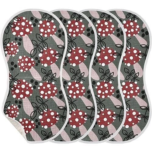 Muslin Baby Burp Cloths, Cartoon Mushrooms Muslin Baby Bibs Rags Comfy Soft Absorbent in for Newborn Boys and Girls 4 Piece 22 x 11 Inch