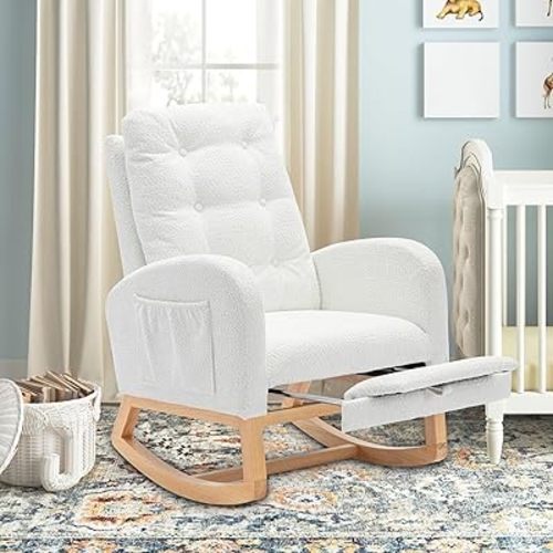 Nursery Rocking Chair with Retractable Foot Rest, Glider Rocking Chair with Solid Wood Legs, High Back, Button Decors, Mid Century Rocker Chair