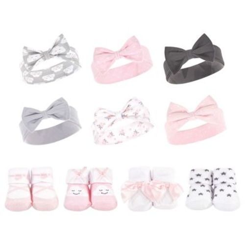 Hudson Baby Infant Girl 10Pc Headband and Socks Set, Cloud Ballet, 0-9 Months