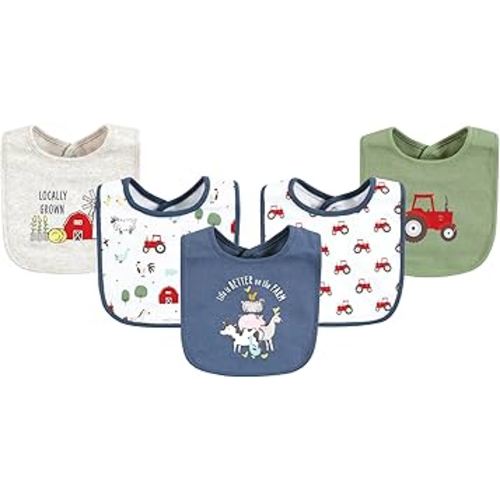 Hudson Baby Unisex Baby Cotton Bibs, Green Farm Animals, One Size