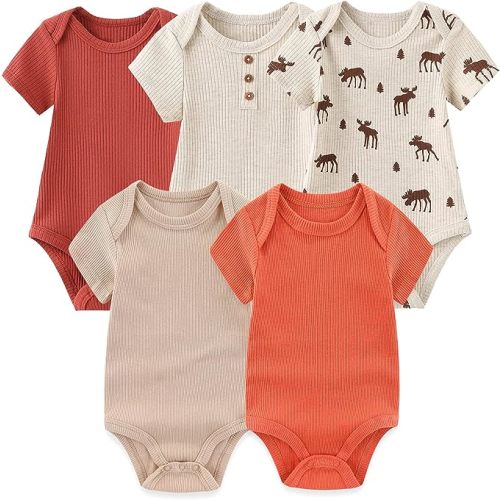 MAMIMAKA Newborn Baby Short Sleeve Bodysuit Cotton One-Piece Baby Clothes 5-Pack, 0-12 Months - Five Piece Bodysuits-4 - 0-3 Months