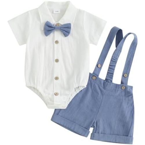 Honganda Baby Boys Gentleman Outfits Bow Tie Short Sleeve Button Up Romper + Overall Shorts Infant Wedding Cake Smash Clothes