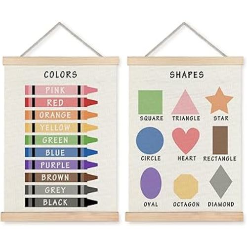 Supwhd Shapes Colors Posters for Classroom Wall, Shapes Colors Learning Poster Hanger Frame Wall Decor for Classroom Nursery Kids Room Playroom Preschool Decor, 12x16 Set of 2