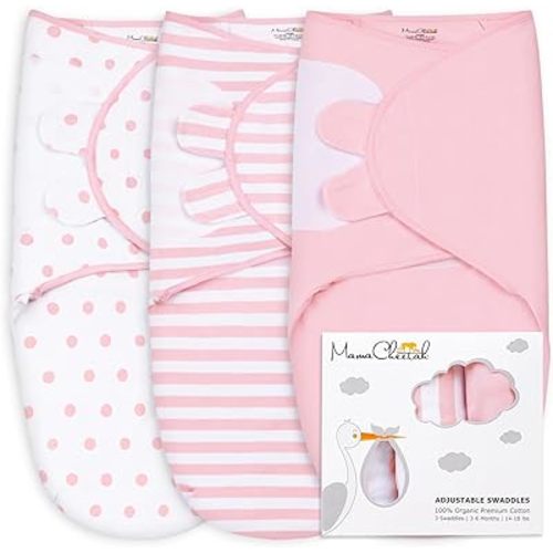 Mama Cheetah Baby Swaddle Sack 3-6 Month, Organic Cotton Swaddle Sleep Sack, Infant Swaddle Blanket Size Large, Swaddle for Large Babies, Large Swaddle Wrap, Easy Swaddles for Girls, 3-Pack, Pink