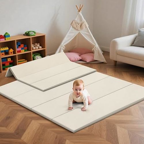 Baby Play Mat Foldable, 1.2" Thick Waterproof Playmats for Floor, Thicken Foam Playmat for Tummy Time, 47x47 Playpen Mat, Portable Baby Floor Mat for Infant, Toddler, Beige