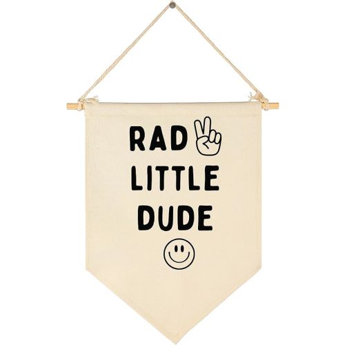 Rad Little Dude - Smiley Peace Sign -Flag Decor Gifts for Boys Kids-Banner Wall Sign Gifts for Nursery,Baby Room,Reading Room,Playroom Bedroom,Front Door