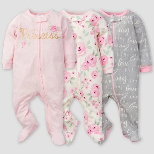 Gerber Baby Girls' 3pk Floral Sleep N' Play - Pink/Off-White/Gray