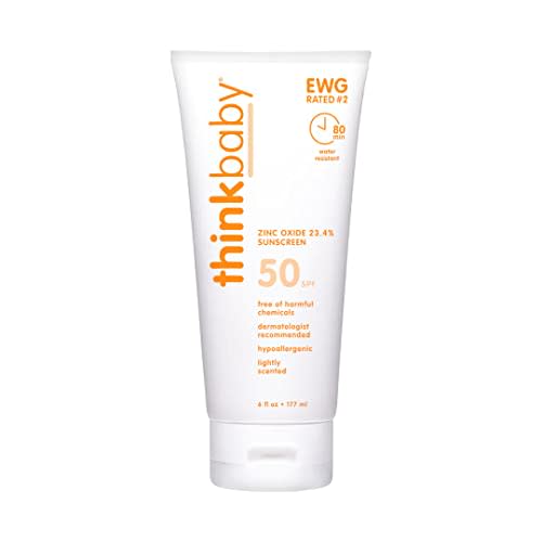 Thinkbaby SPF 50+ Baby Mineral Sunscreen – Safe, Natural Sunblock for Babies - Water Resistant Sun Cream – Broad Spectrum UVA/UVB Sun Protection – Vegan Baby Sunscreen Lotion, 6 Oz.