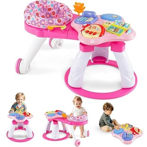 BABY JOY 3 in 1 Walk Around Baby Activity Center, Discovery Play Center with Interactive Toys & Music, Wheels, 3 Adjustable Seat Heights, Toddler Activity Table for Boys Girls 6-36 Months (Pink)