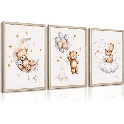 Teddy Bear Nursery Wall Art Decor Baby Boy Girl Room Poster Vintage Nursery Canvas Wall Decor Toddler Kids Room Pictures Cute Bear Neutral Artwork for Bedroom Playroom 12x16 Framed Set of 3