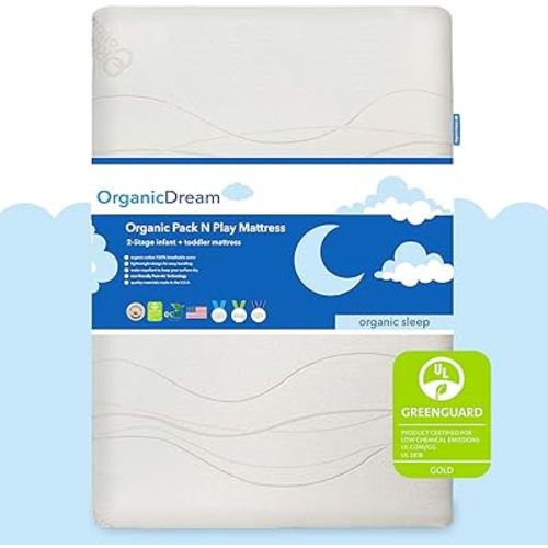 Organic Dream Pack and Play Mattress I [Dual-Sided] I Firm Infant Side + Memory Foam Toddler Side I Plush 100% Organic Cover I Fits Most Pack N Play Playpens and Playards