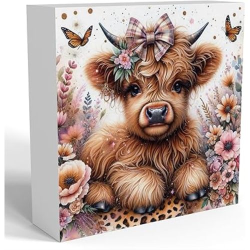 Highland Cow Baby Decor, Highland Cow Decor, Highland Cow Gifts for women, Highland Cow Nursery Decor, Gifts for Girls, Wooden Box Decor Sign for Home Farmhouse Office Living Room Table Shelf Tiered
