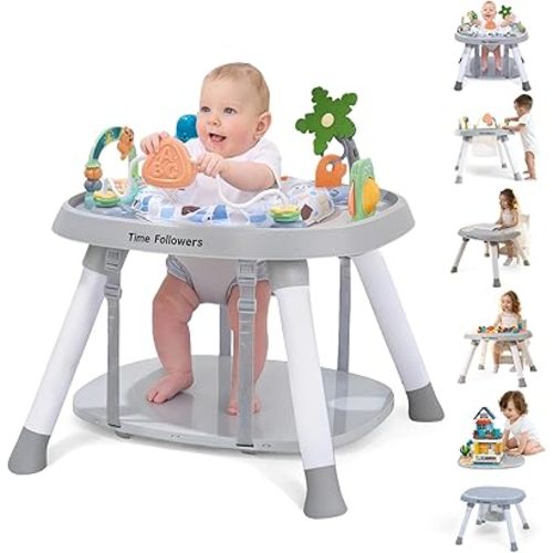 Time Followers® 6-in-1 Baby Activity Center | 4 Stage Montessori-Inspired Toys | Grow Stationary Standing Toddler Table | Jumpers & Bouncers | Must Have for Boy & Girl 6, 12, 24+ Month Old (Grey)